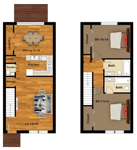 A floor plan of a house with a kitchen, dining area, and bathroom.